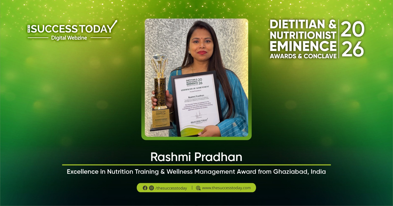 Rashmi Pradhan - Excellence in Nutrition Training & Wellness Management Award from Ghaziabad, India - The Success Today